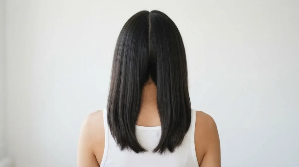 Back view of woman's dark hair freshly center-parted with a rat-tail comb split into two equal loose sections