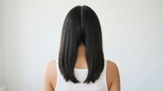 Back view of woman's dark hair freshly center-parted with a rat-tail comb split into two equal loose sections