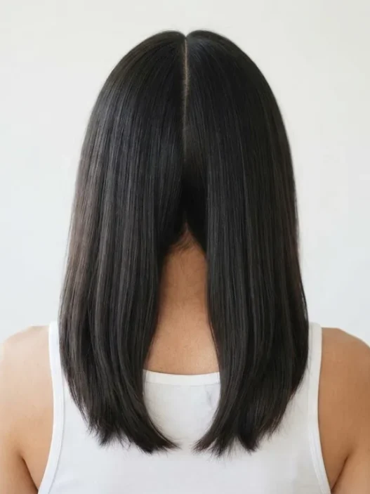Back view of woman's dark hair freshly center-parted with a rat-tail comb split into two equal loose sections