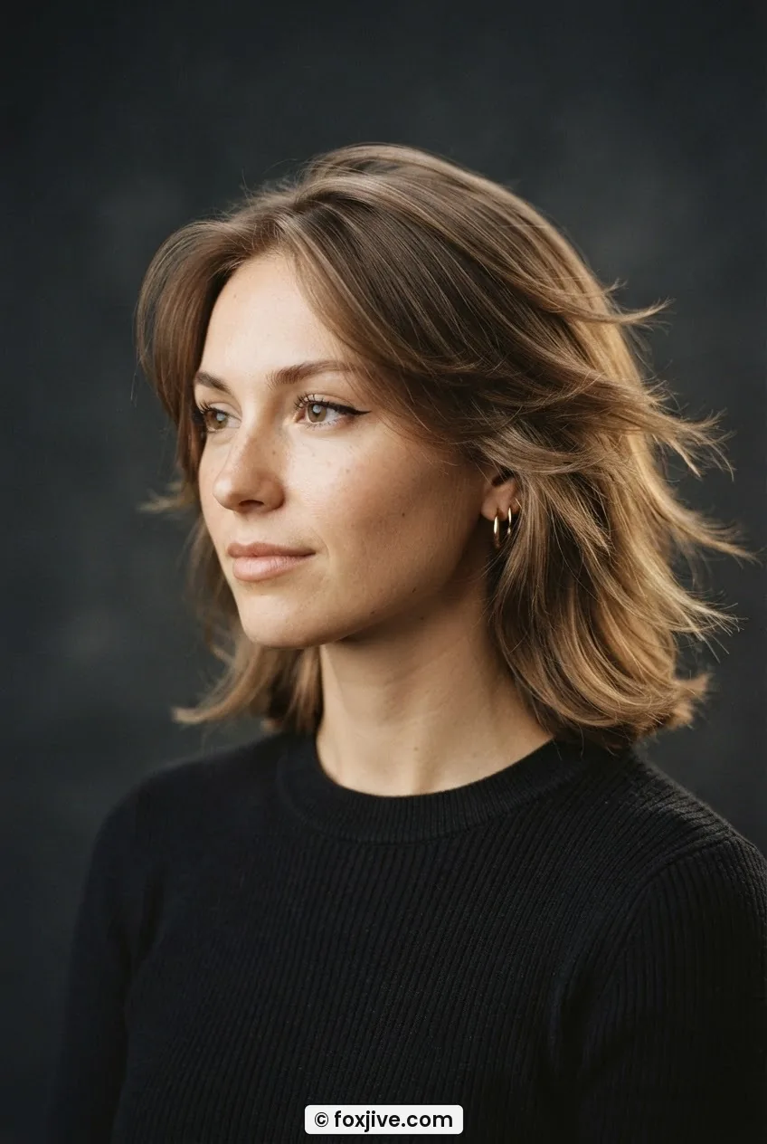 Woman with delicate feathered layers sweeping sideways across her cheekbones, rim light catching dispersed ends
