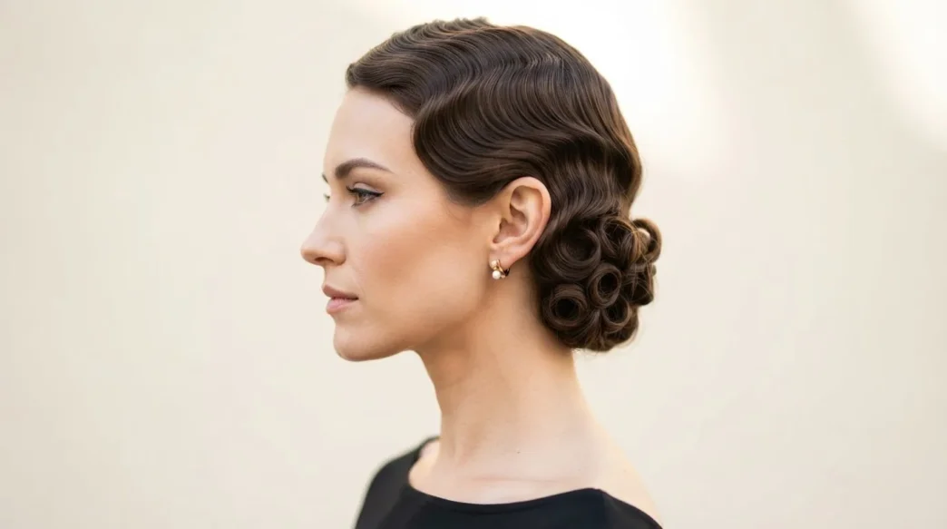 Woman with deep chestnut hair in precise horizontal marcelled waves from crown to nape in matte studio light