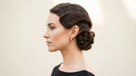 Woman with deep chestnut hair in precise horizontal marcelled waves from crown to nape in matte studio light
