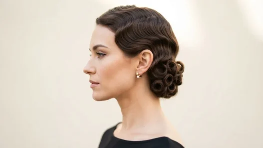 Woman with deep chestnut hair in precise horizontal marcelled waves from crown to nape in matte studio light