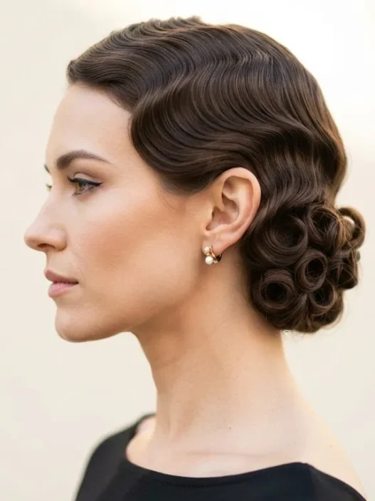 Woman with deep chestnut hair in precise horizontal marcelled waves from crown to nape in matte studio light