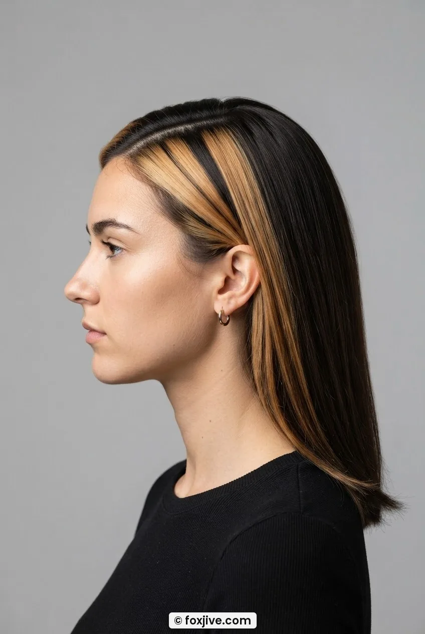 Woman with chunky caramel highlights on a deep side part, colour starting slightly below the root