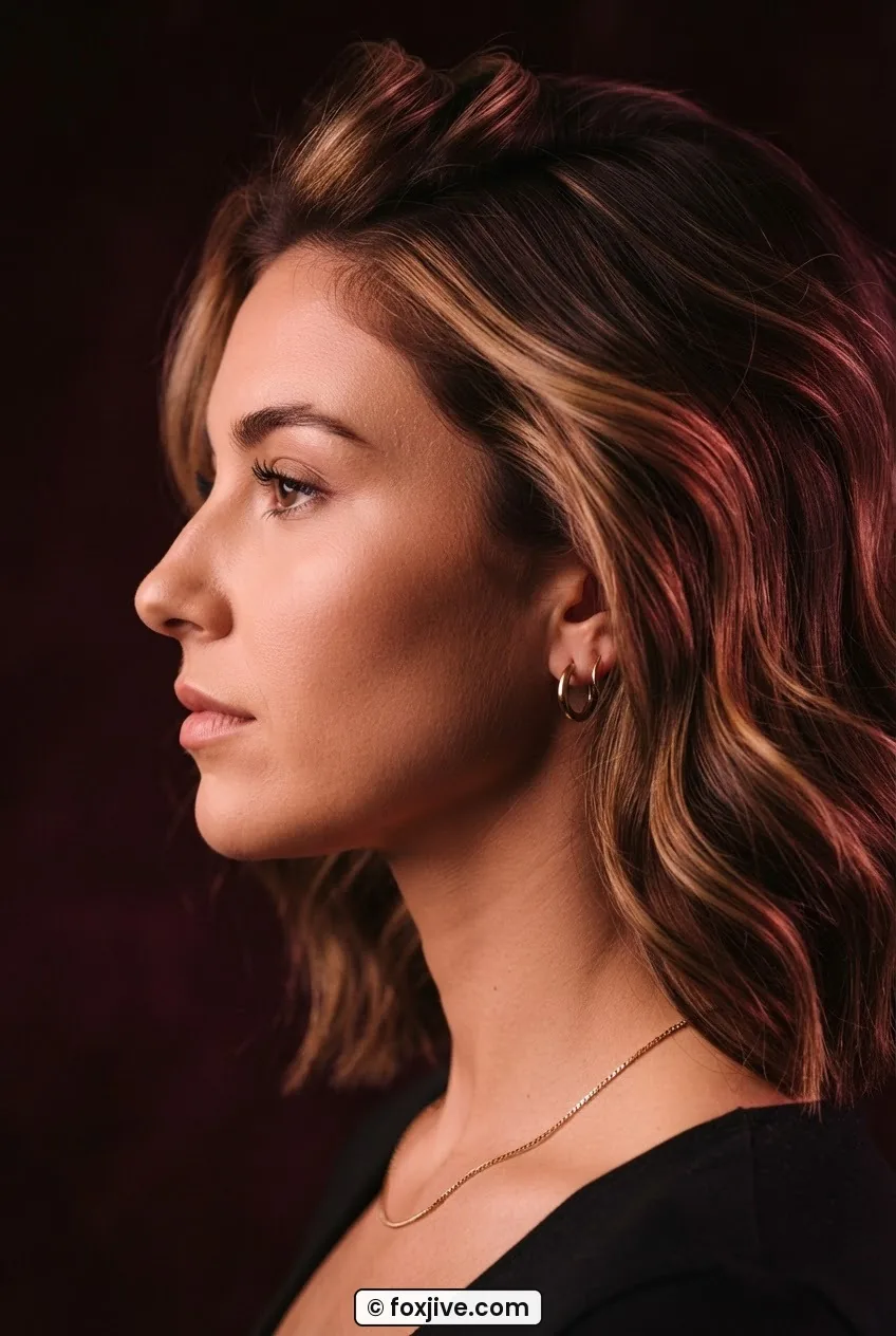 Woman with chunky honey highlights through warm brunette collarbone-length hair in rose-tinted studio light