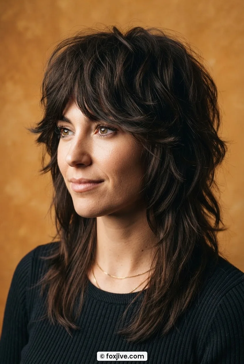 Woman with classic 1970s shag showing feathered fringe and distinct tiered step-layers in amber side lighting