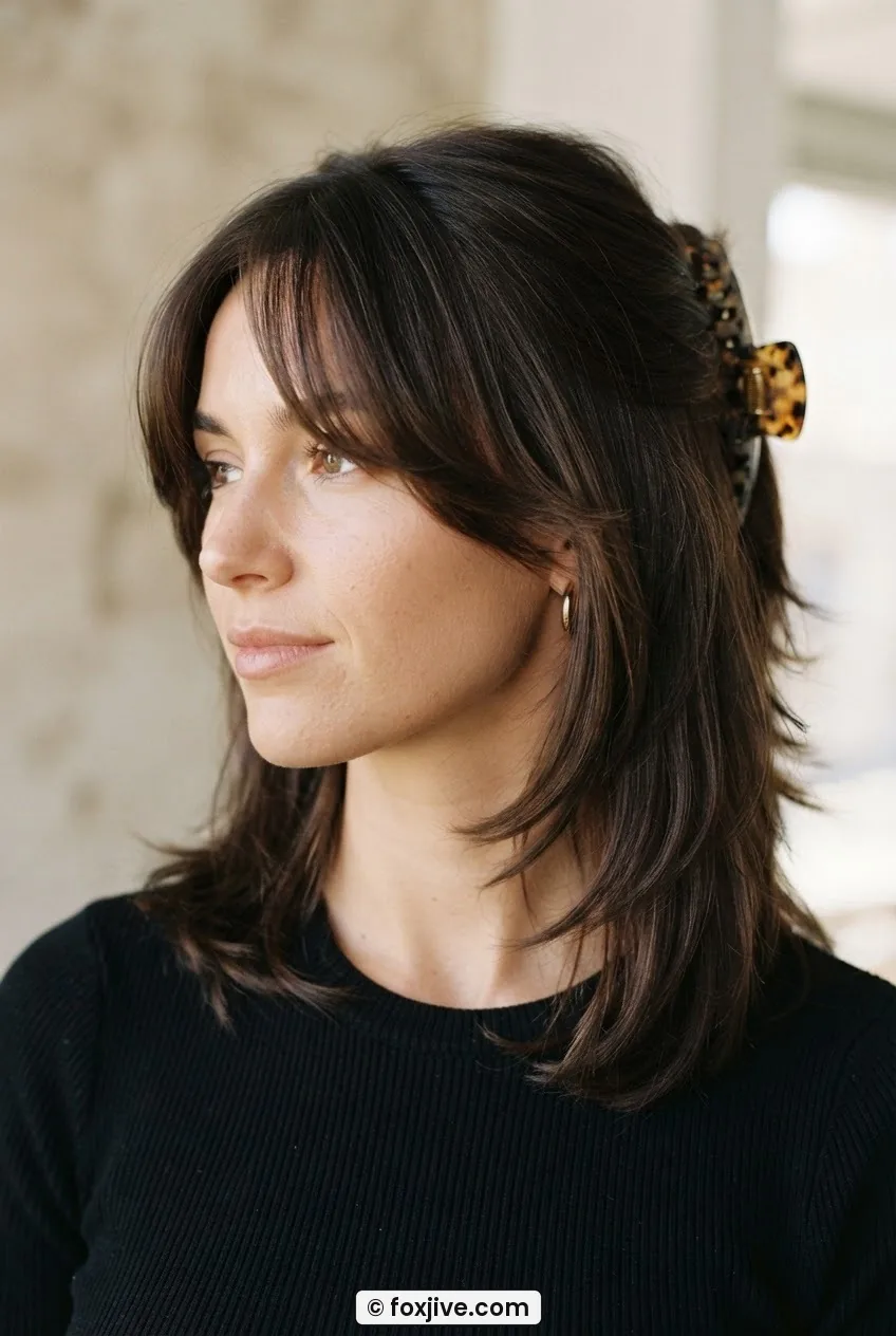 Woman with nineties layered cut secured by large acrylic claw clip at crown while curtain bangs drape forward on both sides