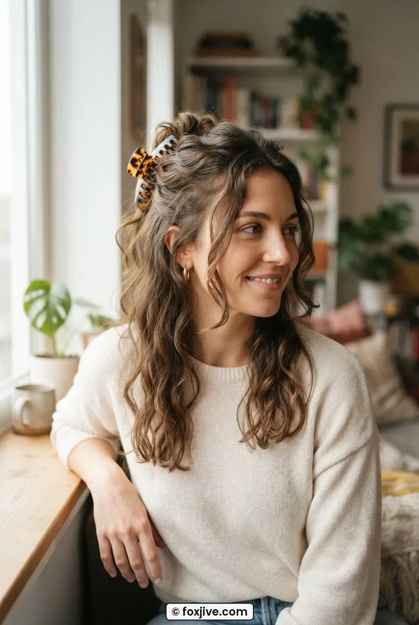 Woman with medium wavy hair loosely clipped at the crown with an oversized claw clip, loose pieces framing the face in natural light