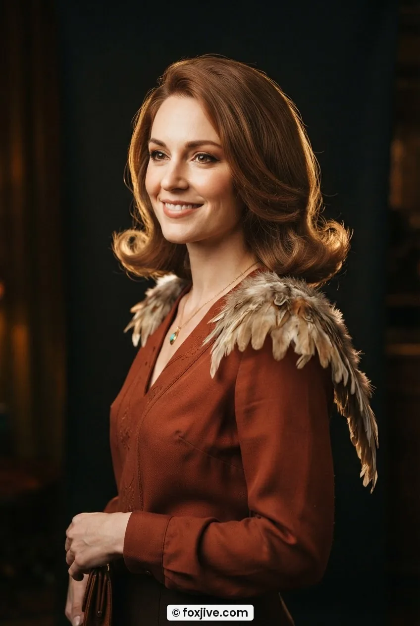 Woman with collarbone-length feathered wings showing soft outward flip, warm rim light on ends