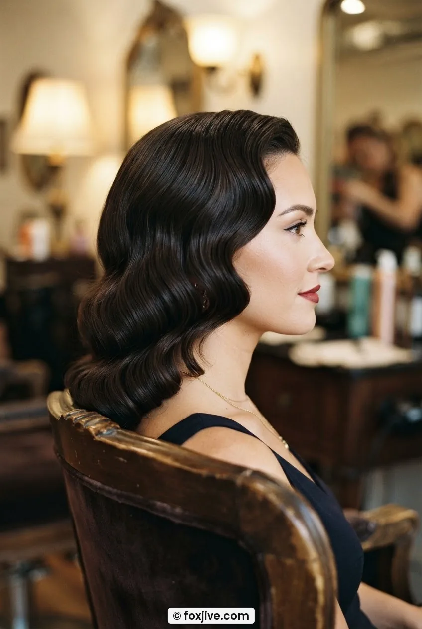 Complete side-swept Old Hollywood wave set cascading past the collarbone with glossy finish in warm tungsten light