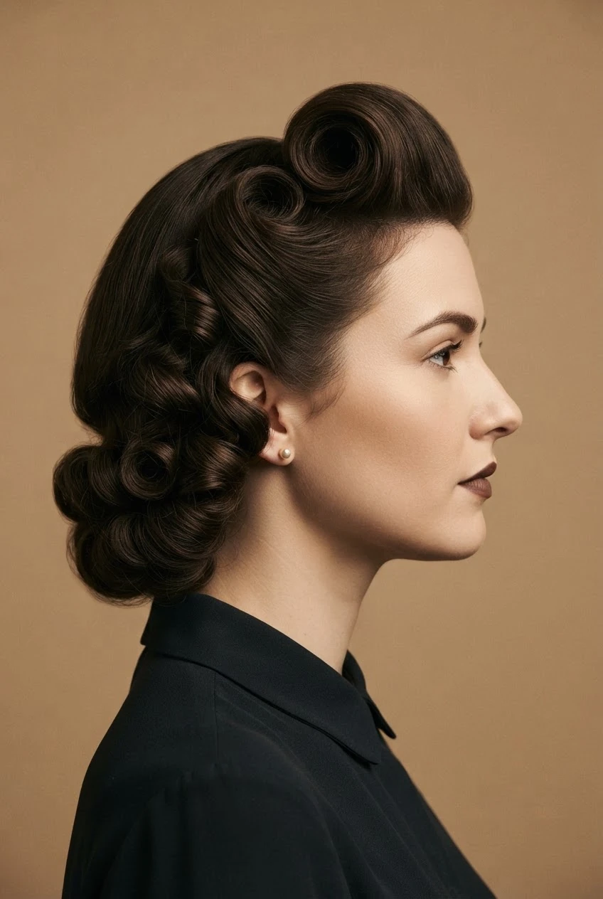 Side profile of a single victory roll with pin-curled waves behind