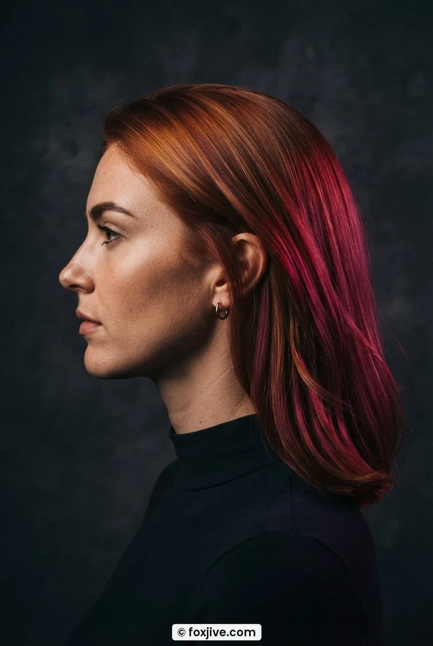 Woman with vivid vintage copper hair in polished curtain style lit from the right with deep rose coloured gel