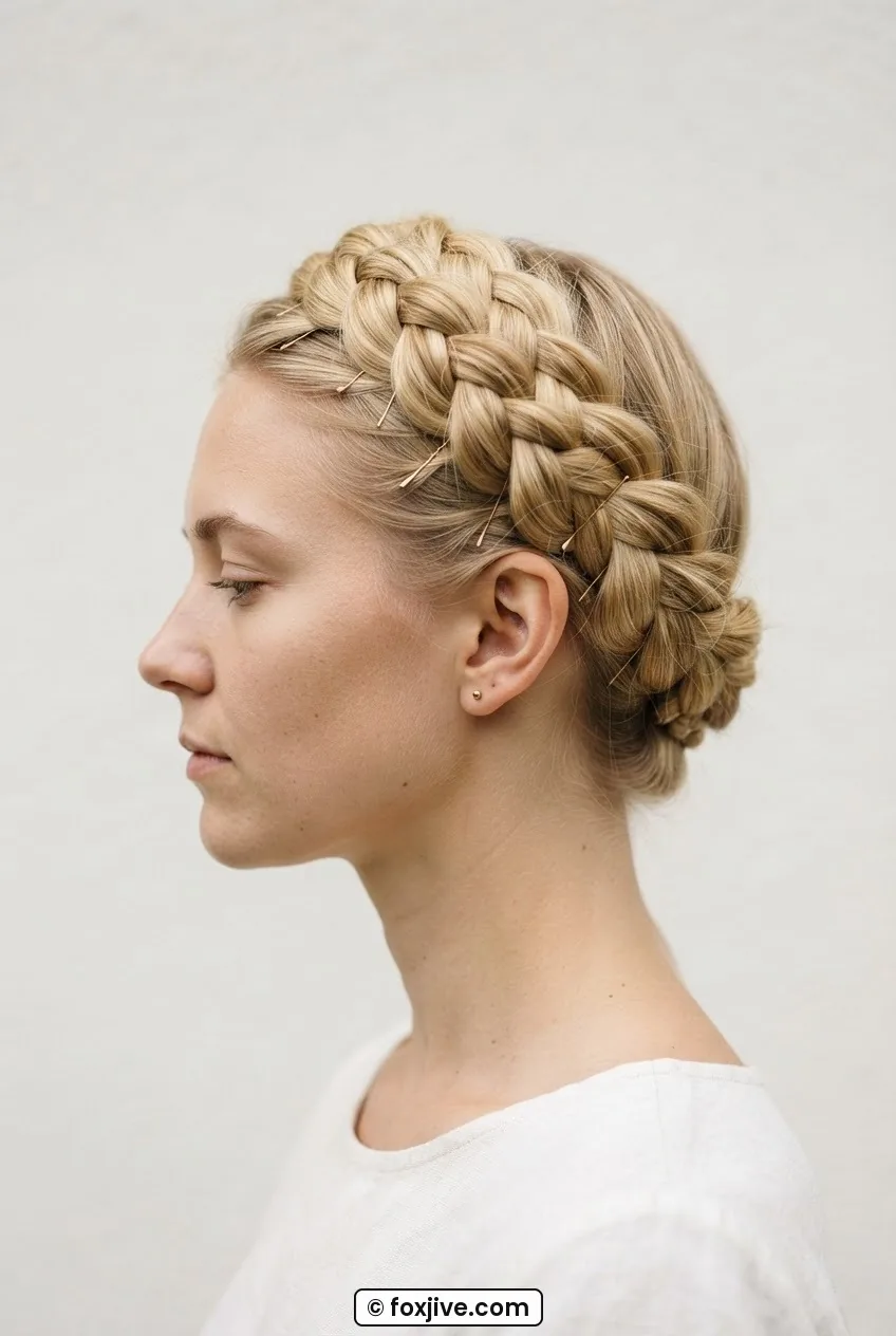 Woman in side profile wearing a braided coronet halo pinned around the crown in soft even light