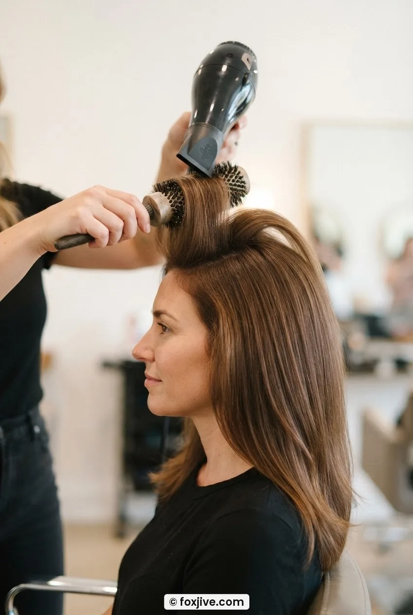 Woman lifting crown section with round brush while dryer builds volume at roots, mid-lengths smoothing over hidden pins