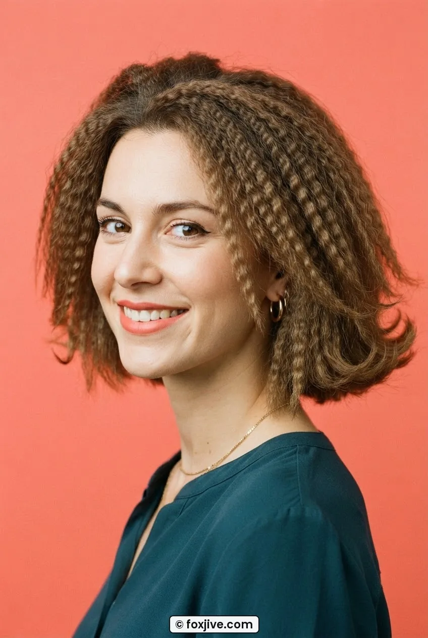 Woman with a crimped chin-length bob and flicked-out ends against a bold coral studio backdrop in bright even light