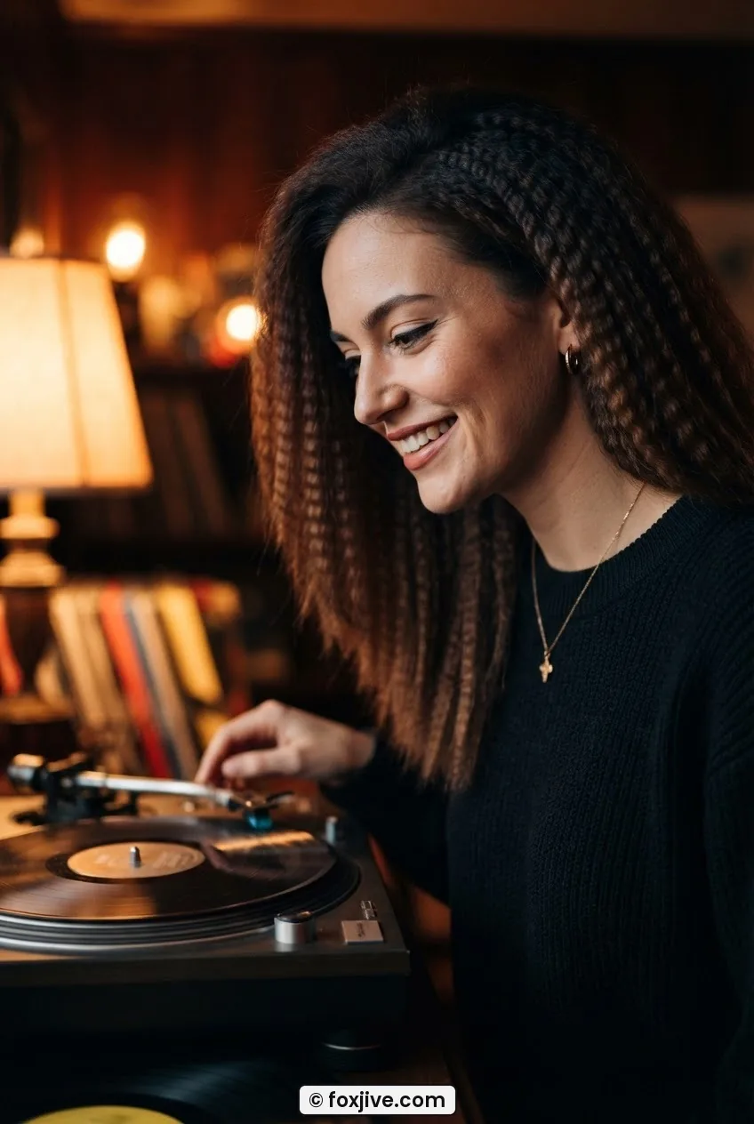 Woman with full crimped zigzag-textured brunette 1980s hair lit by warm lamplight beside a turntable