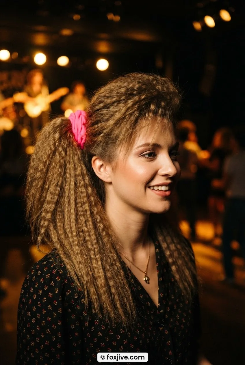 Woman with 1980s full crimped zigzag texture and neon scrunchie side ponytail under warm stage lighting