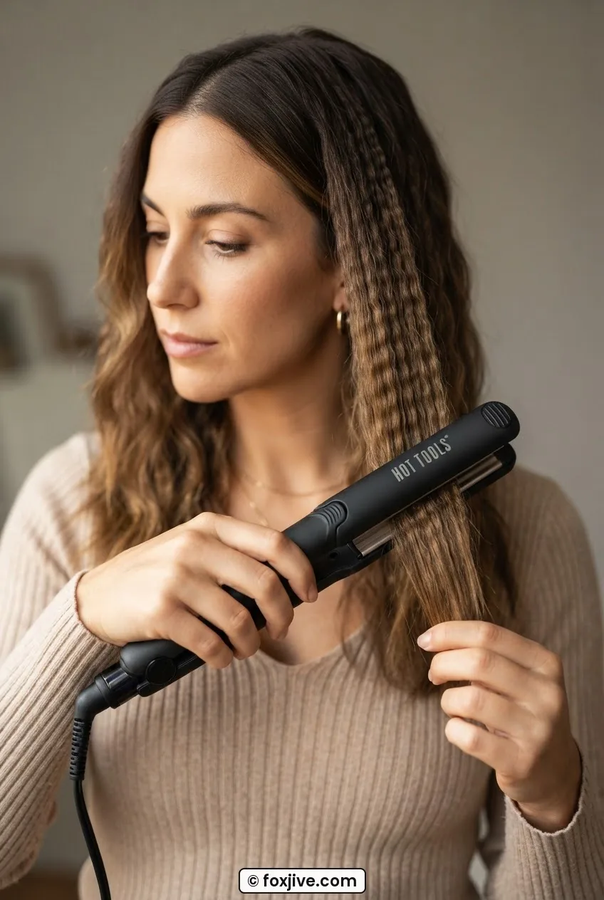 Woman demonstrating correct crimping iron hinge orientation facing away from scalp on a mid-length brunette section