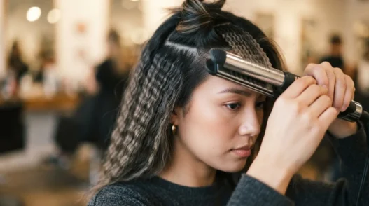 Woman closing a crimping iron on a lifted brunette section with already-crimped waves visible beside it in warm studio light