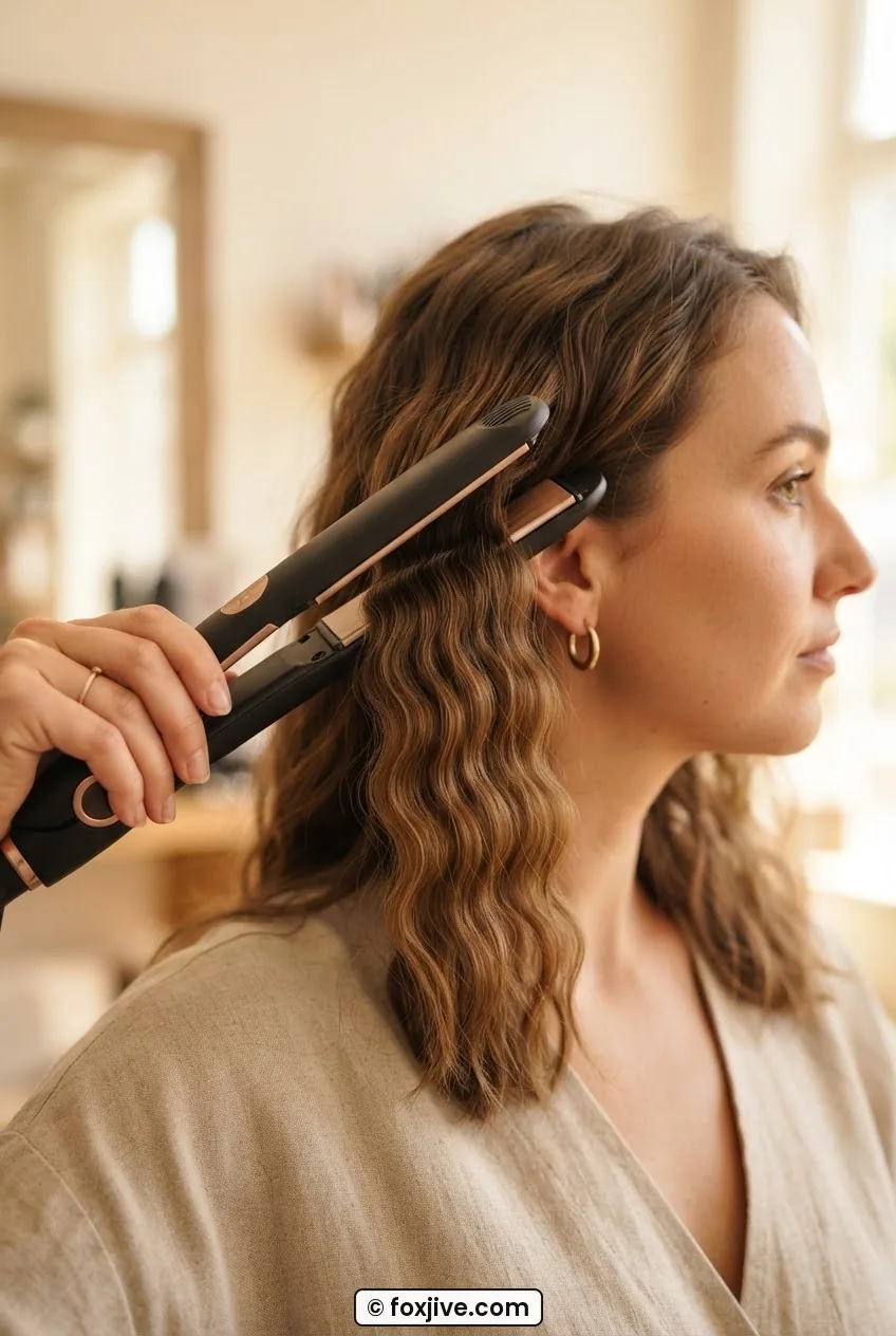 Woman opening crimping iron plates cleanly away from a finished crimped section without dragging, wave intact underneath