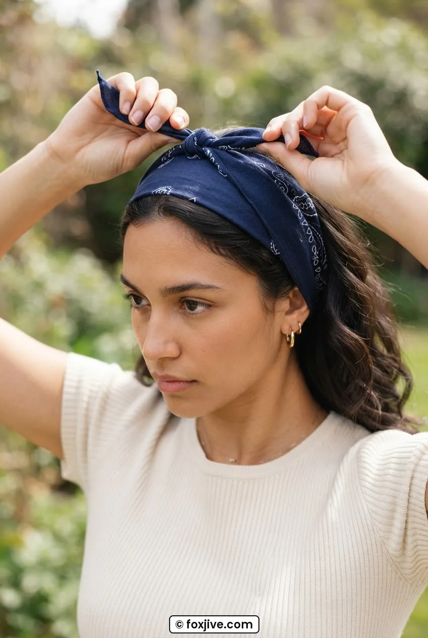 Woman crossing both ends of a folded bandana over the crown, fabric lying flat without puckering