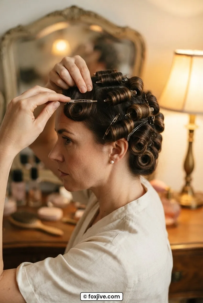 Woman pressing a single-prong clip across a flat wound pin curl at the crown area in warm lamp light