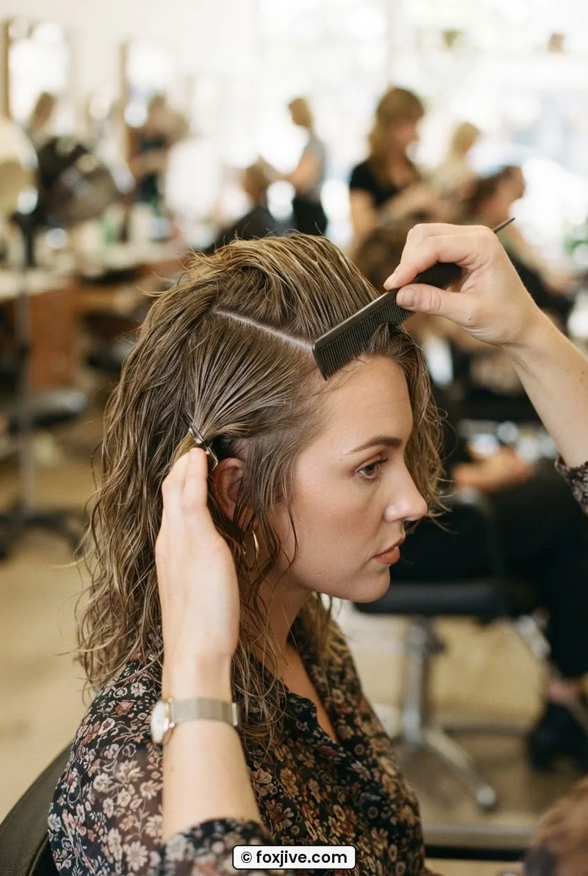 Woman drawing a clean crown parting with a sectioning comb to isolate the top volume section, hair damp with mousse
