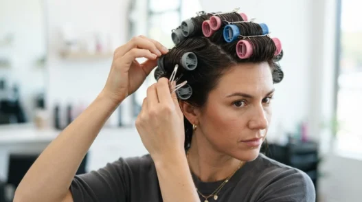 Woman placing magnetic rollers in the crown row of her dark hair, forward rolling direction visible, pinning as she works