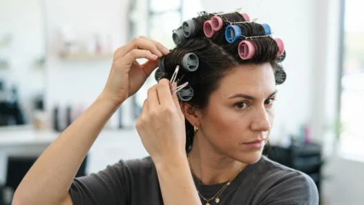 Woman placing magnetic rollers in the crown row of her dark hair, forward rolling direction visible, pinning as she works