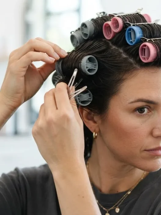 Woman placing magnetic rollers in the crown row of her dark hair, forward rolling direction visible, pinning as she works