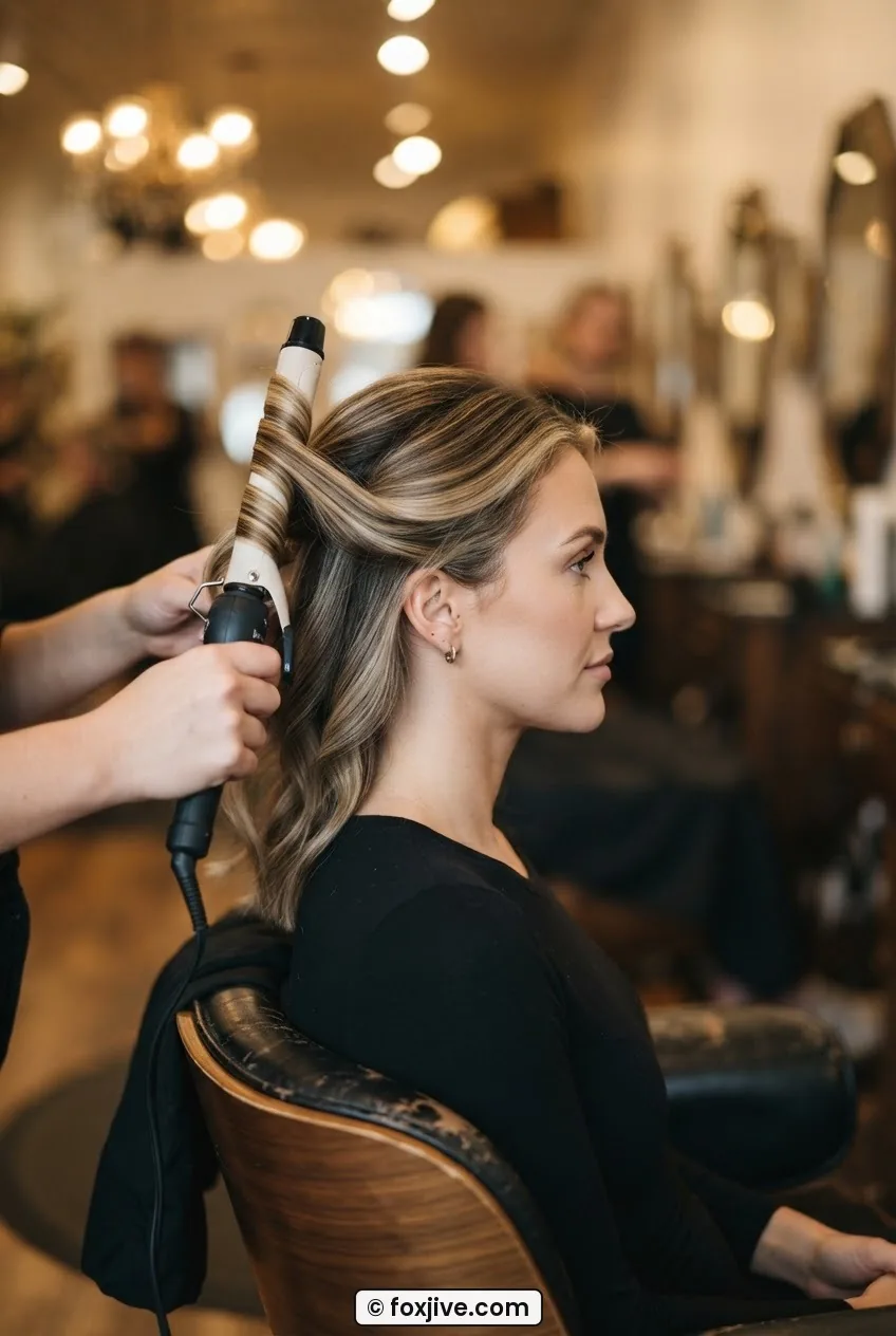 Close side profile showing a curling iron wound vertically away from the face around a clean section of hair