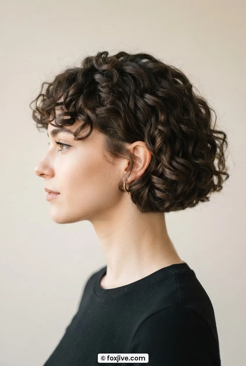 Woman with curly french bob freshly brushed out showing intact curl pattern and clean perimeter