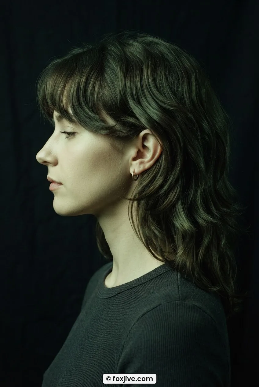 Woman with grown-out curtain bangs past cheekbone and layered collarbone length hair in sage green studio light