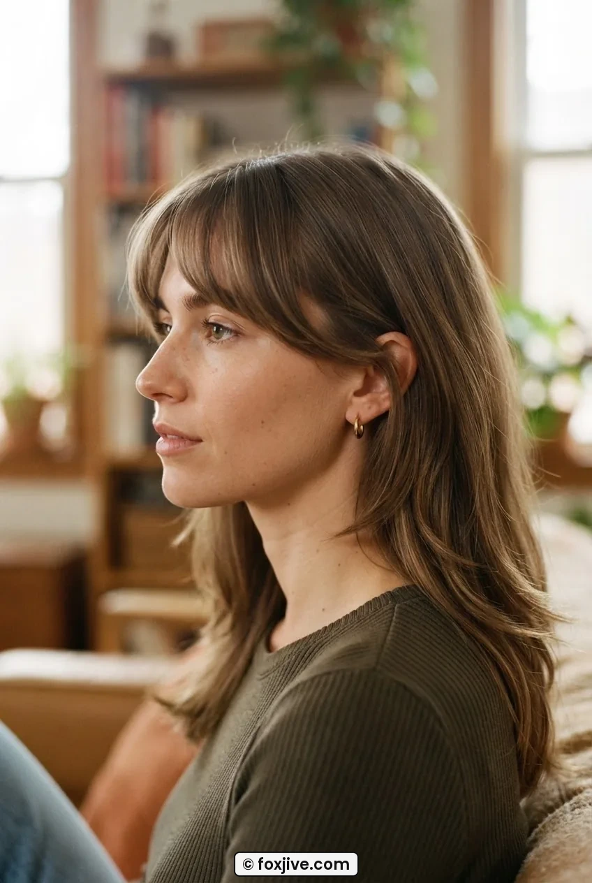 Side profile of a woman with curtain bangs parting down the centre and grazing the cheekbones in warm diffused light