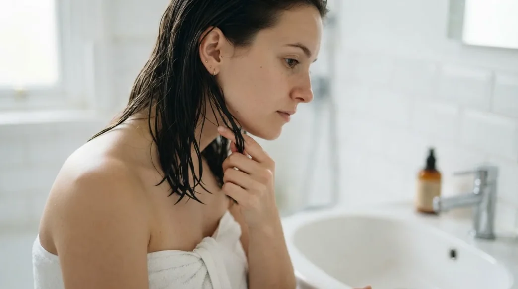 Woman testing dampness of freshly washed hair by pressing strand between fingertips at bathroom basin in bright light