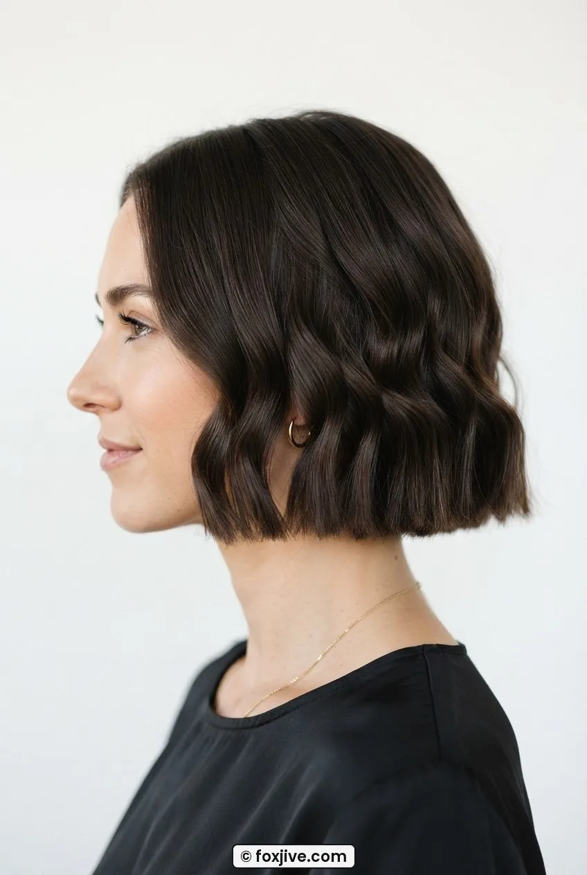 Woman with dark brown french bob in three-quarter side profile showing wave pattern and blunt ends