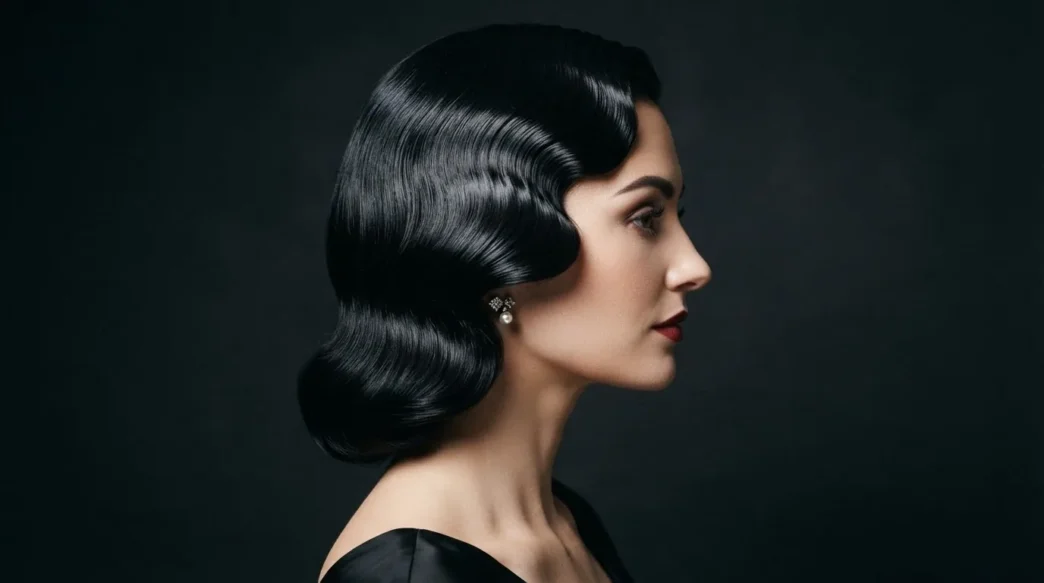 Woman with deep glossy old Hollywood wave in side profile against dark backdrop with single key light