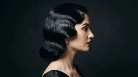 Woman with deep glossy old Hollywood wave in side profile against dark backdrop with single key light