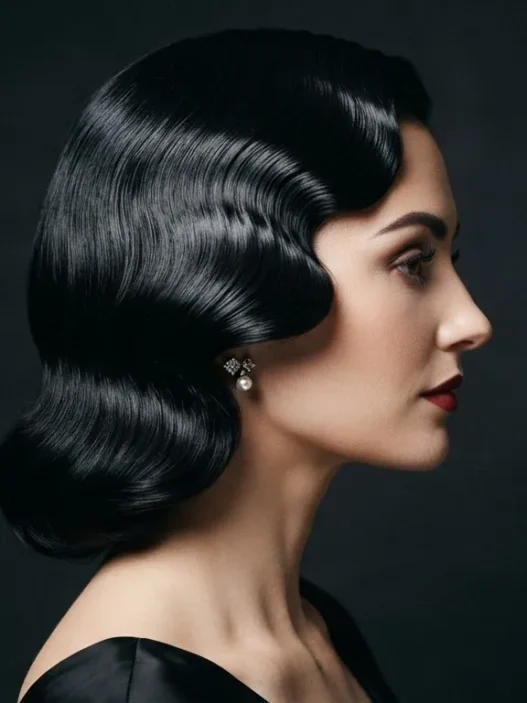 Woman with deep glossy old Hollywood wave in side profile against dark backdrop with single key light