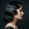 Woman with deep glossy old Hollywood wave in side profile against dark backdrop with single key light