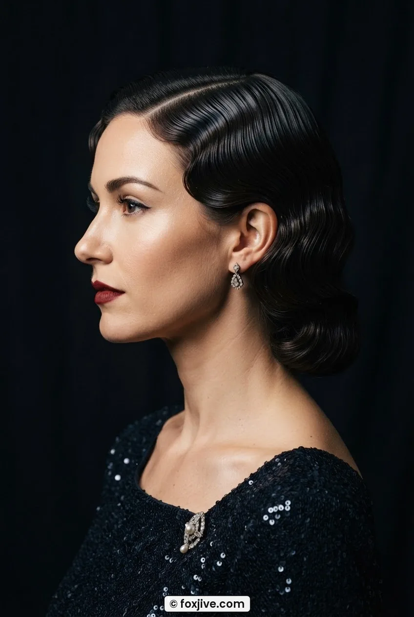 Side profile of woman showing a deep-set Hollywood wave with a prominent glossy ridge under soft key light