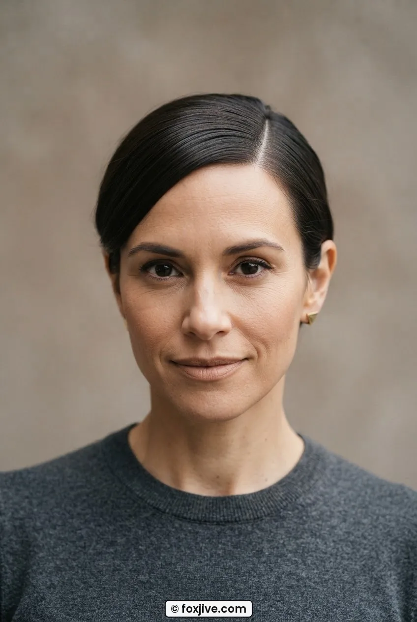 Woman with a deep side part and matte-textured side swoop crossing the forehead, tucked behind opposite ear, taupe backdrop