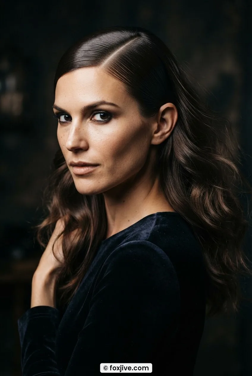 Three-quarter portrait showing deep off-center side part with sleek oil-smooth side contrasting soft waved side