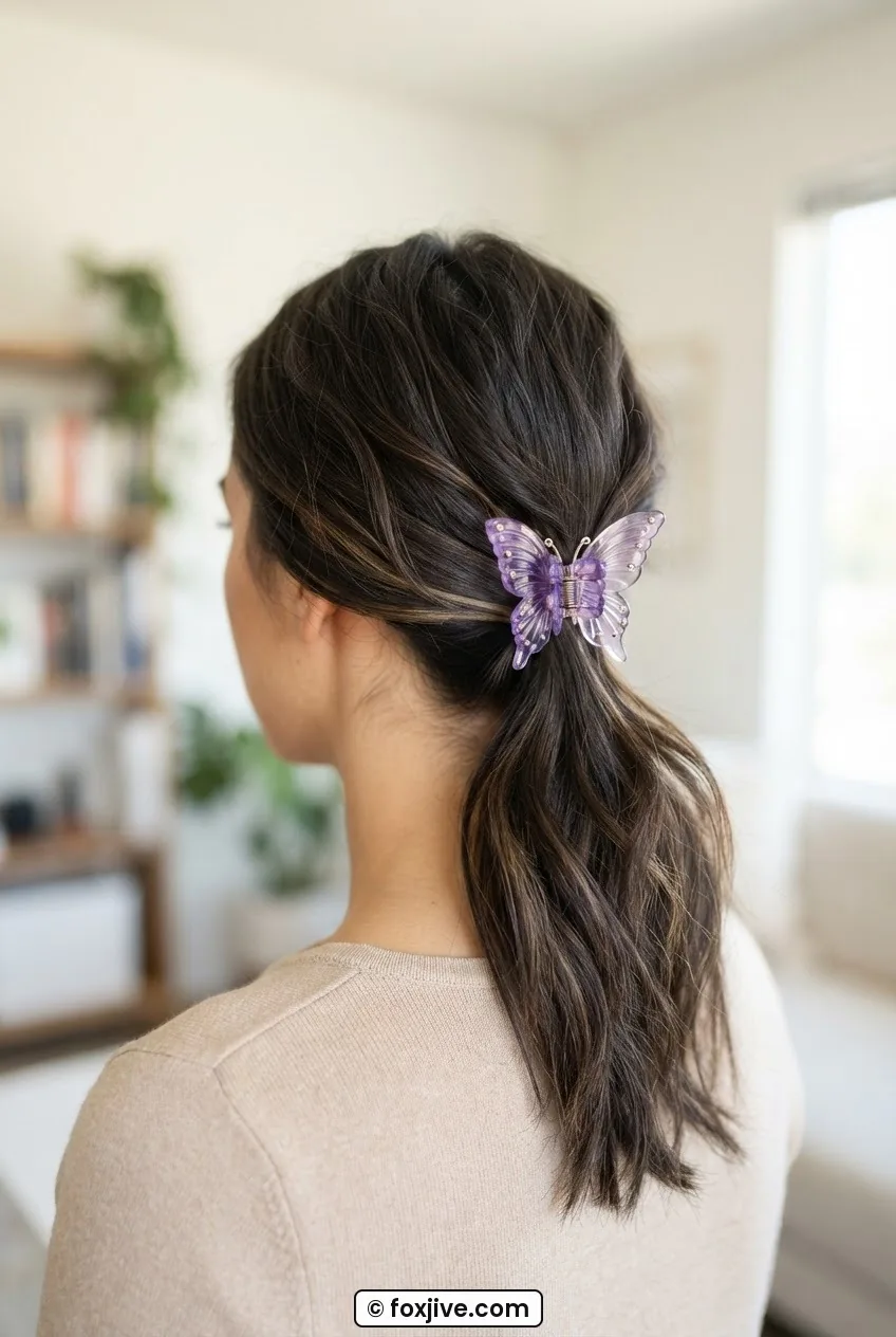 Back three quarter view of woman with a diagonal hair section swept across the nape held by a single large butterfly clip