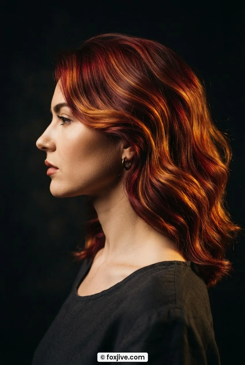Woman with loose layered dimensional vintage red hair showing amber and ruby tones under warm golden studio light