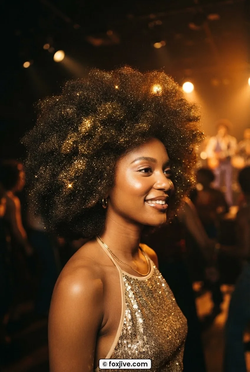 Woman with wide 1970s disco puff hair lifted and picked out with gold shimmer under warm amber stage light