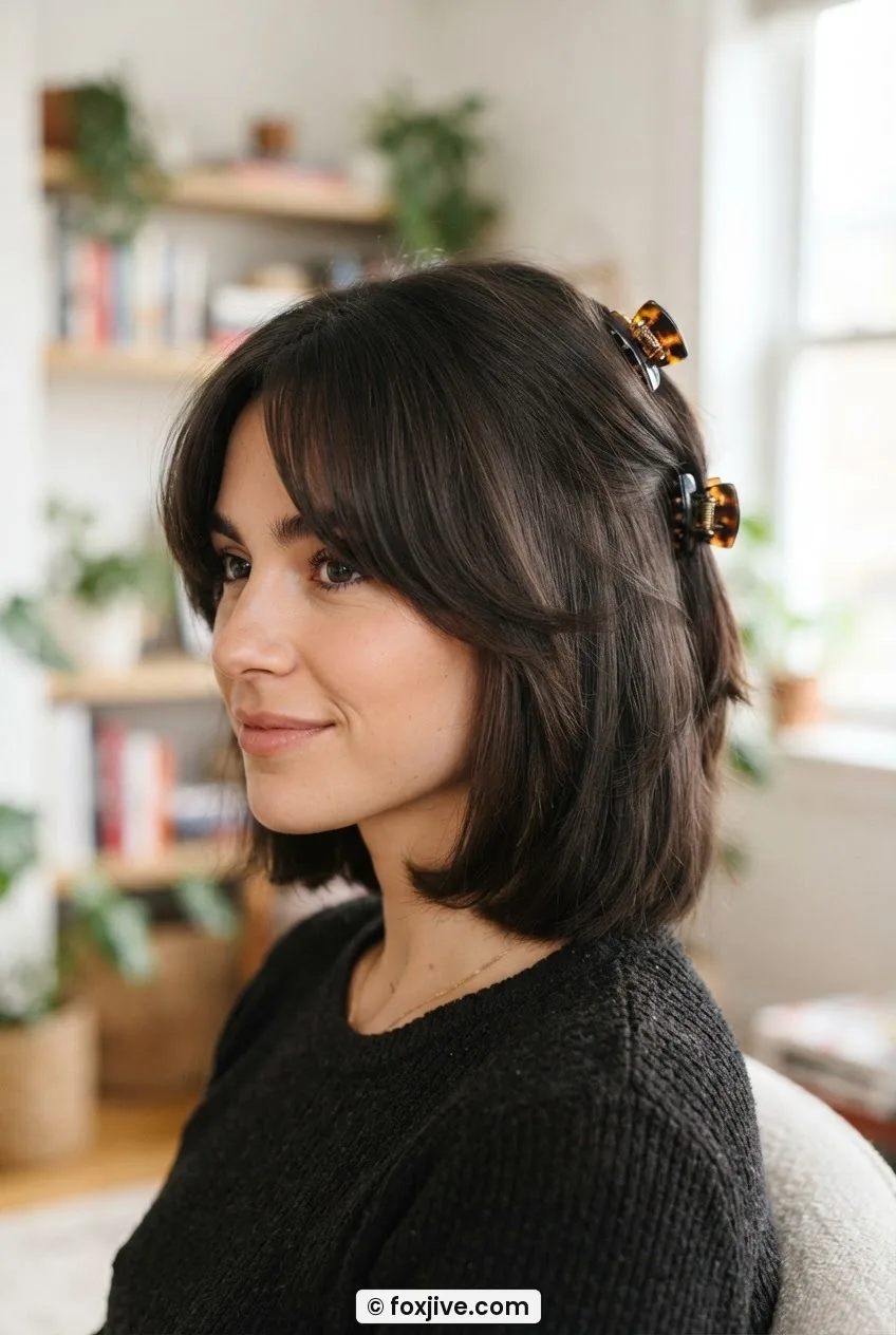 Woman with thick square-layered nineties cut held by two stacked mini jaw clips at crown and nape with bangs free