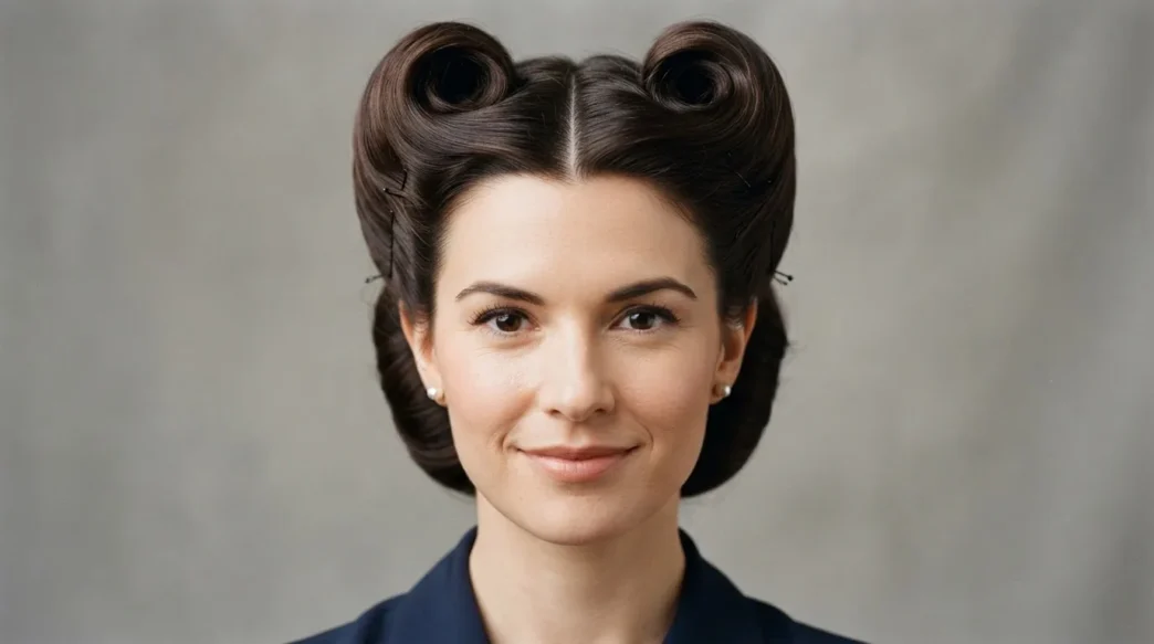 Woman wearing symmetrical double victory rolls with precise center parting against neutral backdrop in soft even light