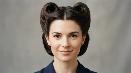 Woman wearing symmetrical double victory rolls with precise center parting against neutral backdrop in soft even light